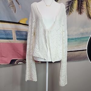 ​Altar'd State Leilani White Pointelle Tie-Front Cardigan Bell Sleeve Boho XL